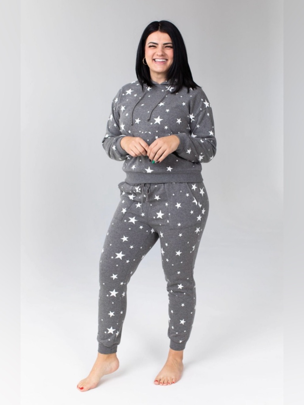 Savvi Shine Hoodie Star Print Gray Pullover | Plush Lined | Size L | EUC - Picture 8 of 13
